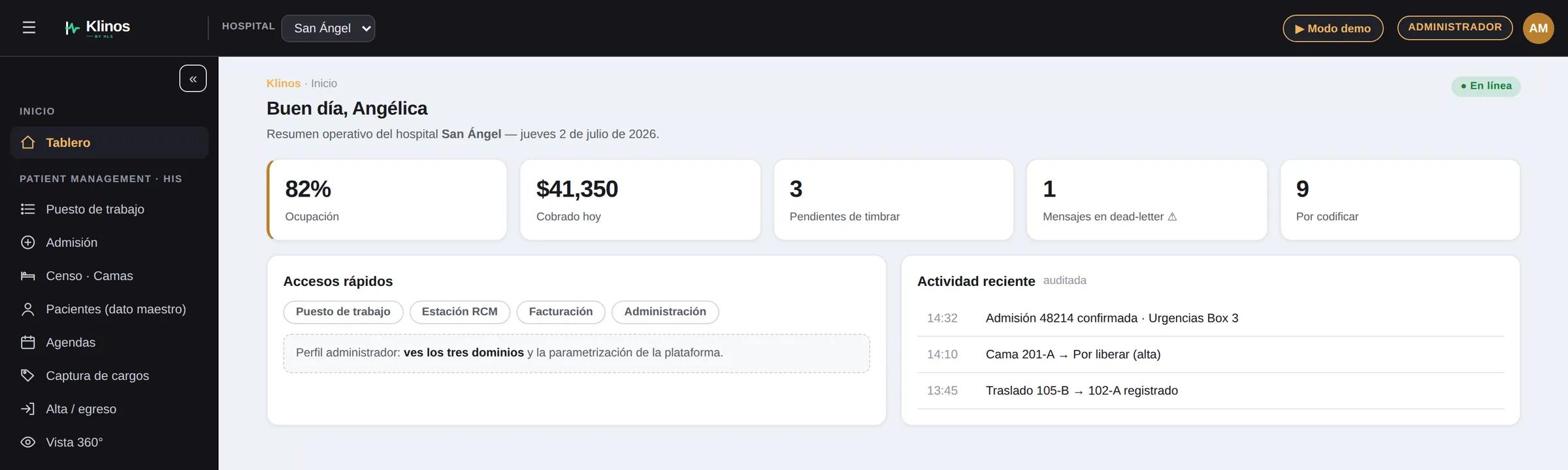 Klinos Admin — Tablero por rol